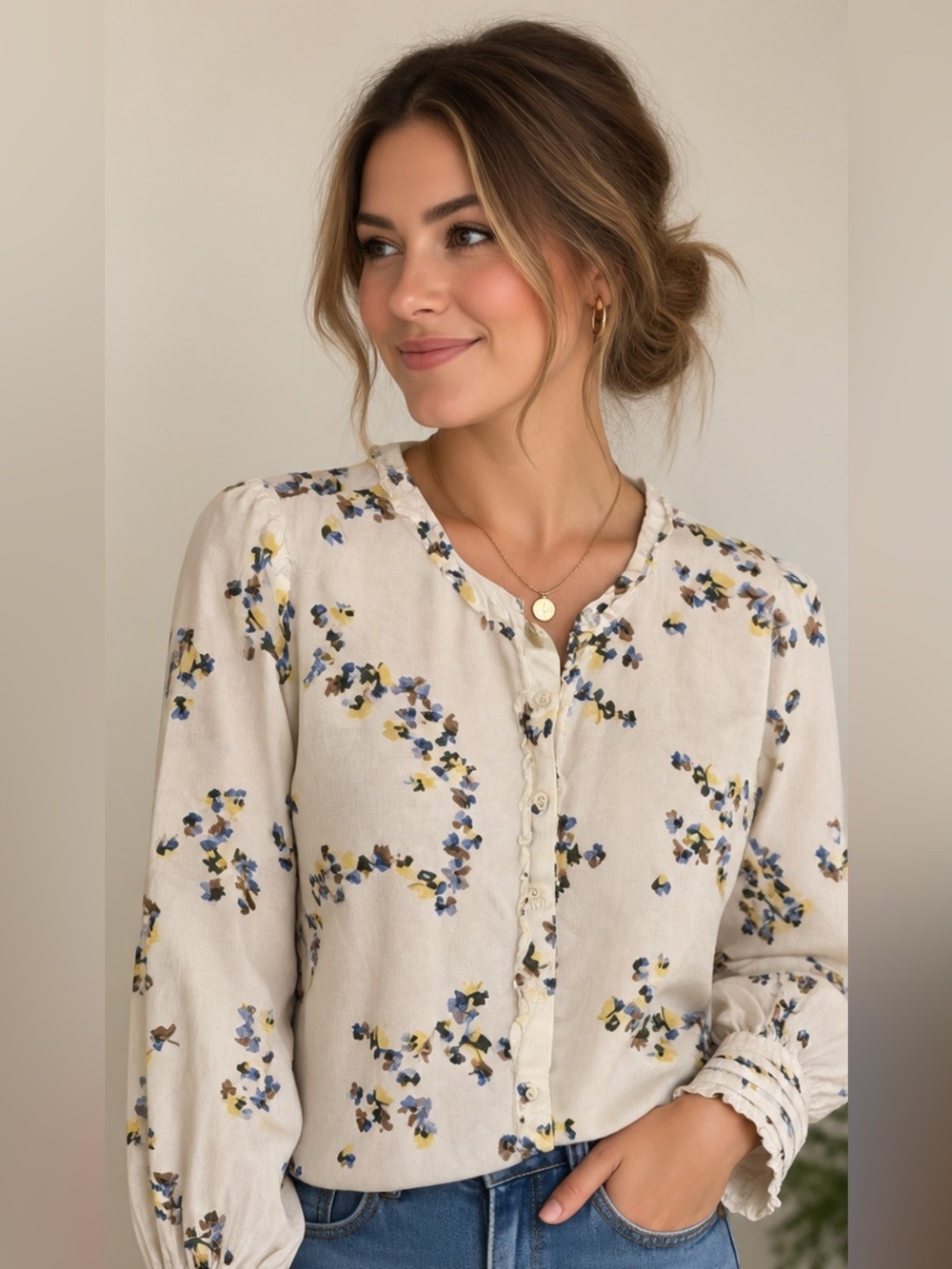 Talbots Floral Blouse Women’s L 100% Cotton Ivory Blue Yellow Button Front Pintu